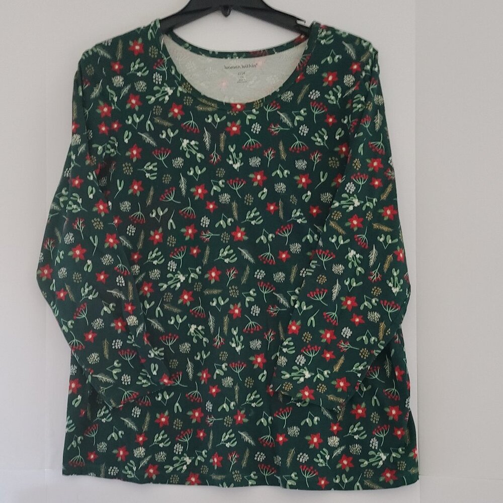 WOMAN WITHIN CHRISTMAS HOLIDAY -SCOOP NECK LONG SLEEVE TEE DESIGN -GREEN- SZ 1X